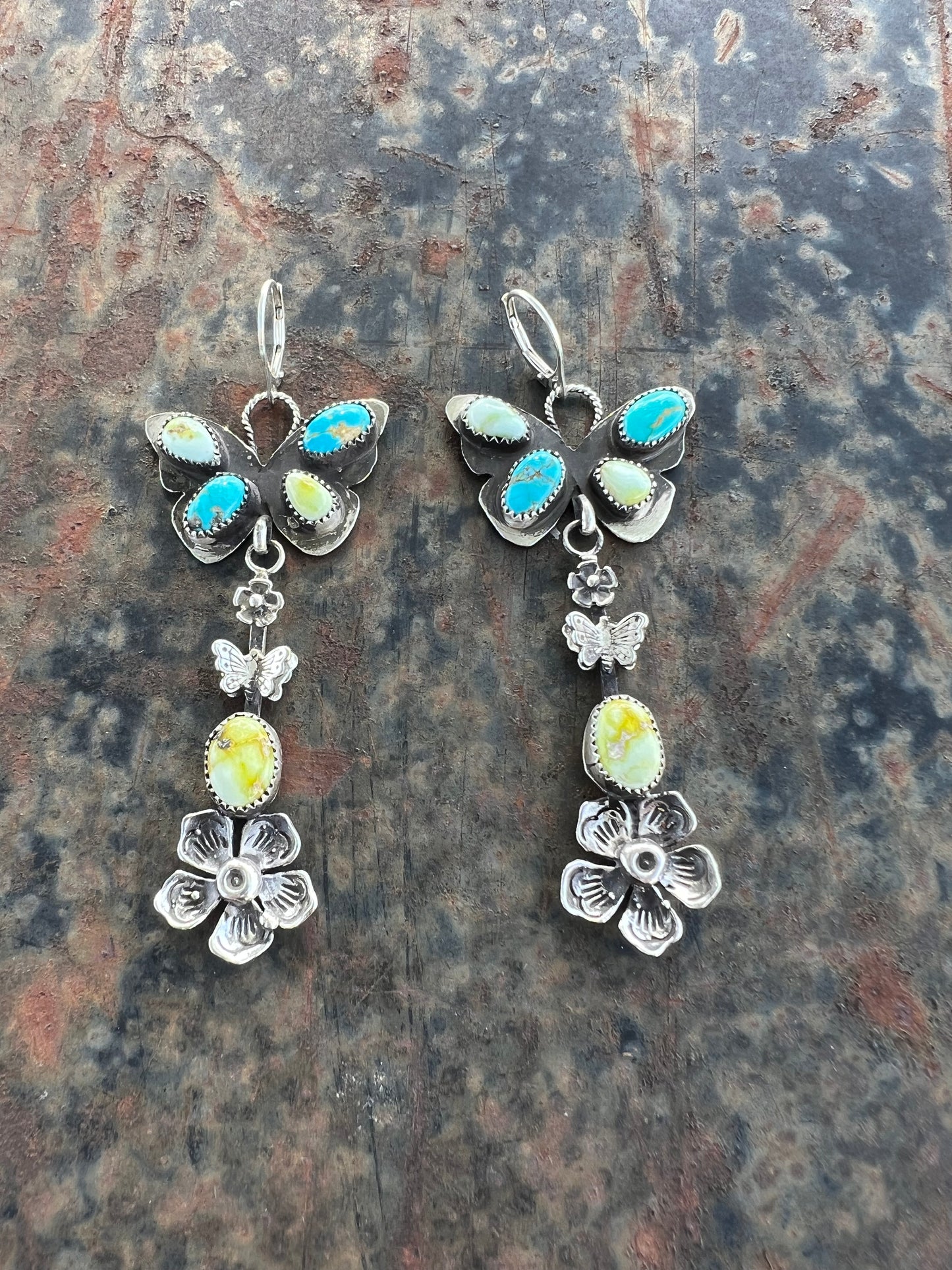 Prairie Butterfly Drop Earrings — Palomino Variscite & Sierra Bella Turquoise | 3" Sterling Silver