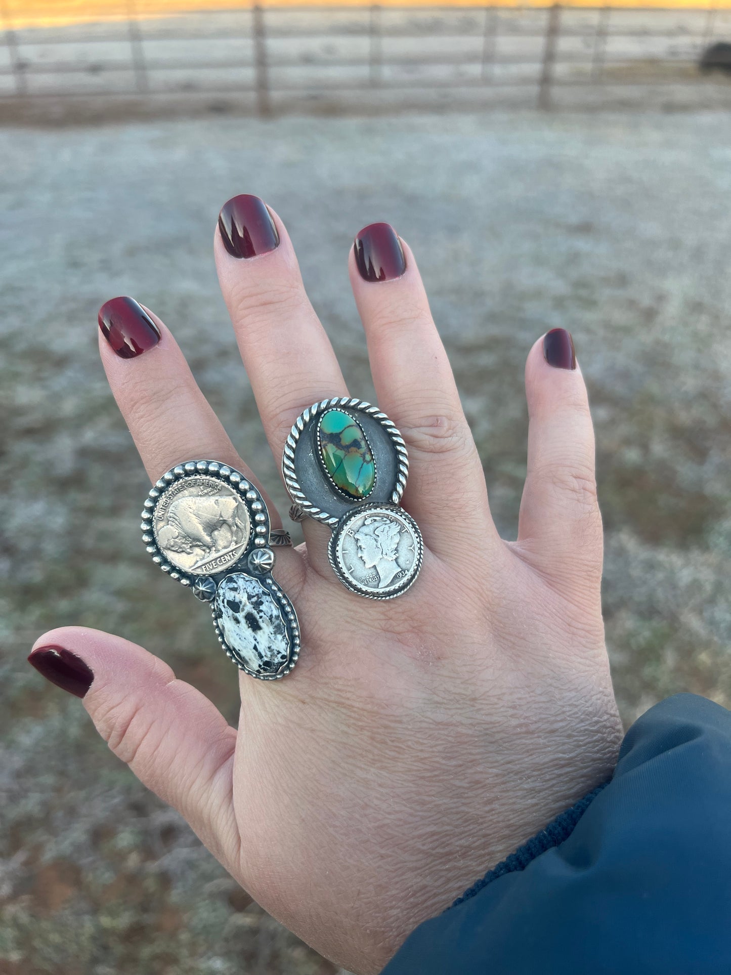 Qingu Turquoise Mercury Dime Statement Ring - Size 12