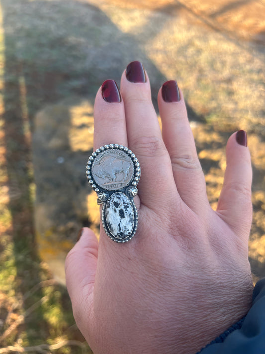 White Buffalo and Buffalo Nickel Statement Ring