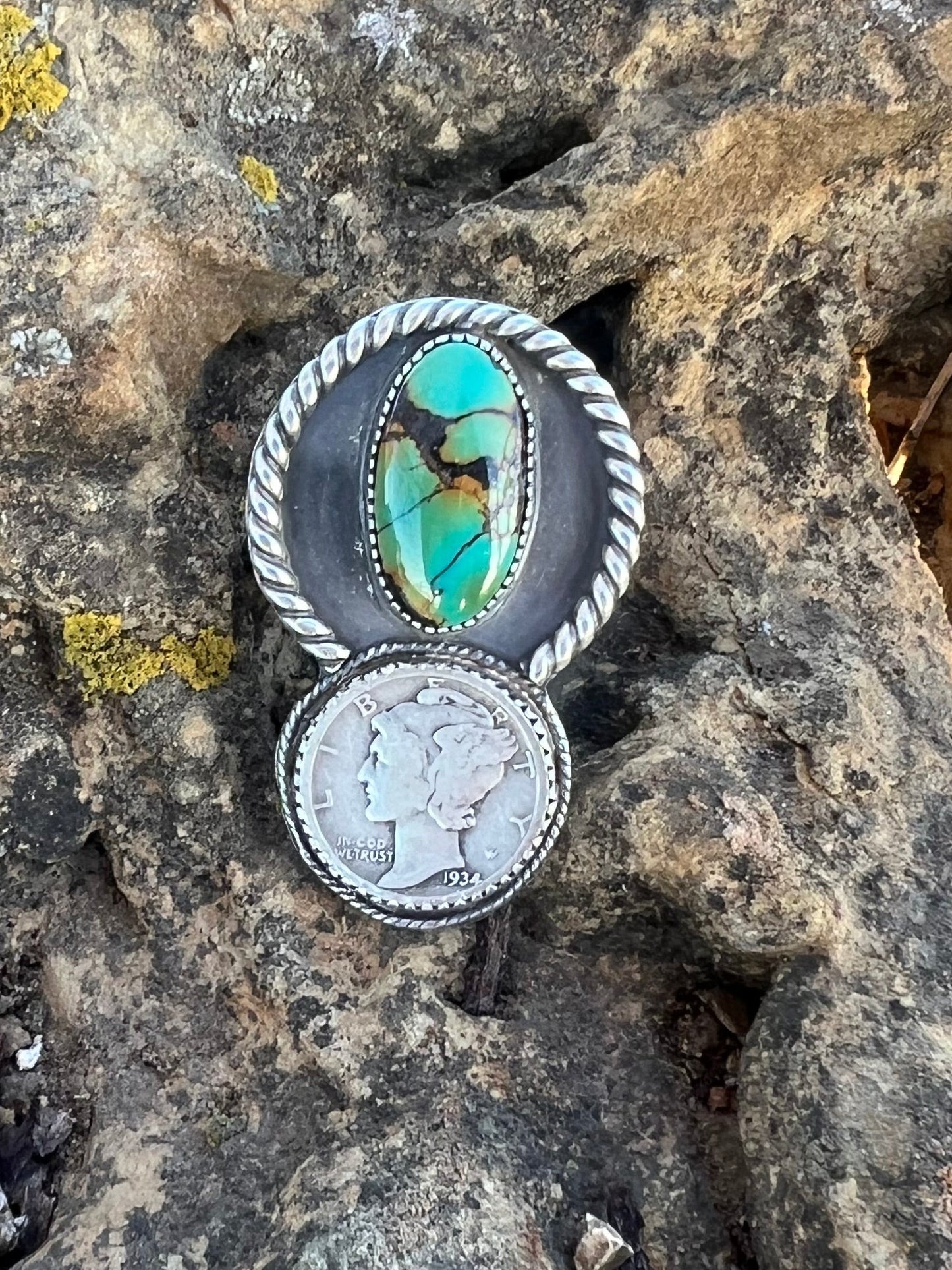Qingu Turquoise Mercury Dime Statement Ring - Size 12