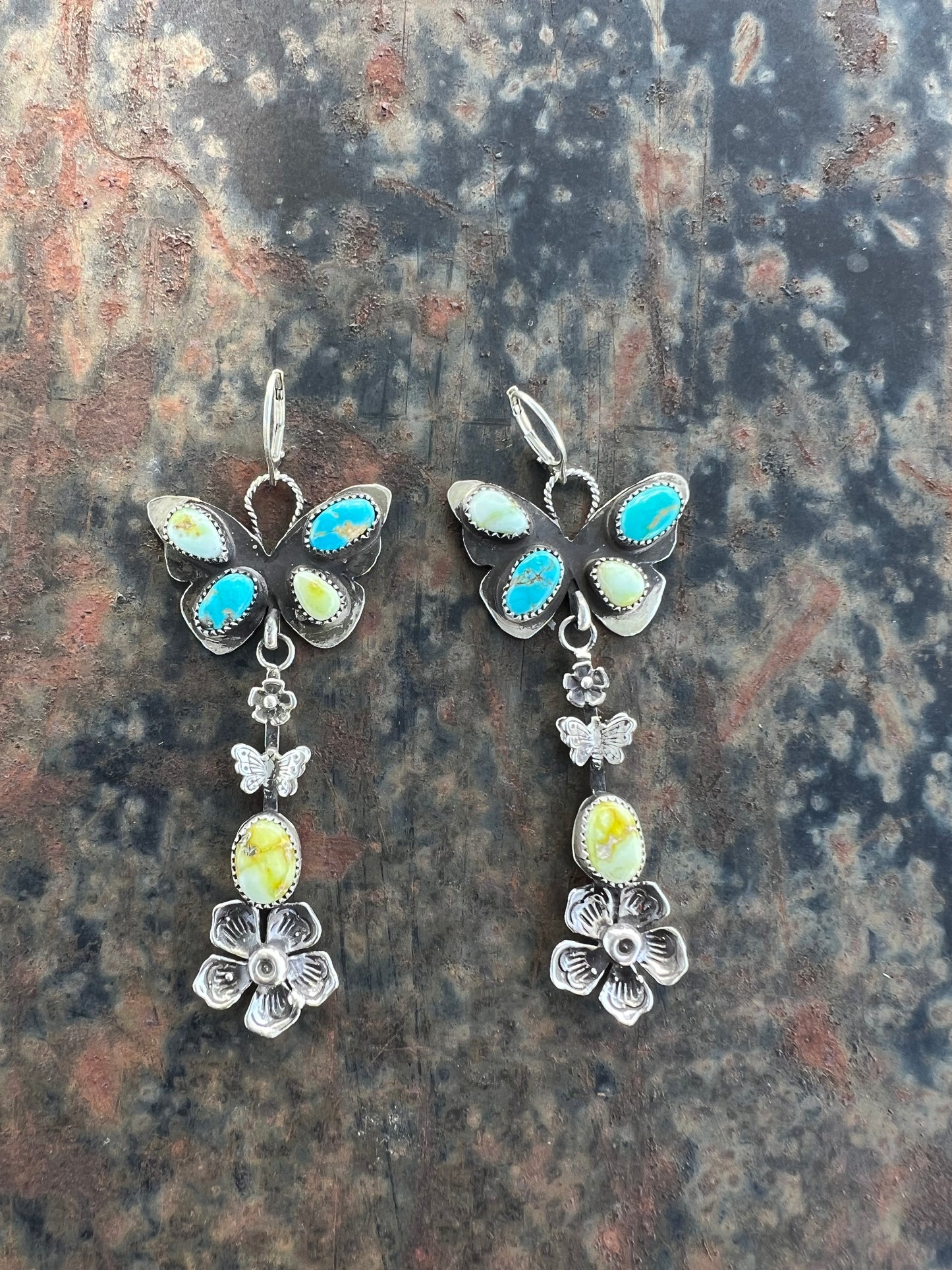 Prairie Butterfly Drop Earrings — Palomino Variscite & Sierra Bella Turquoise | 3" Sterling Silver