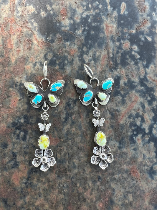 Prairie Butterfly Drop Earrings — Palomino Variscite & Sierra Bella Turquoise | 3" Sterling Silver