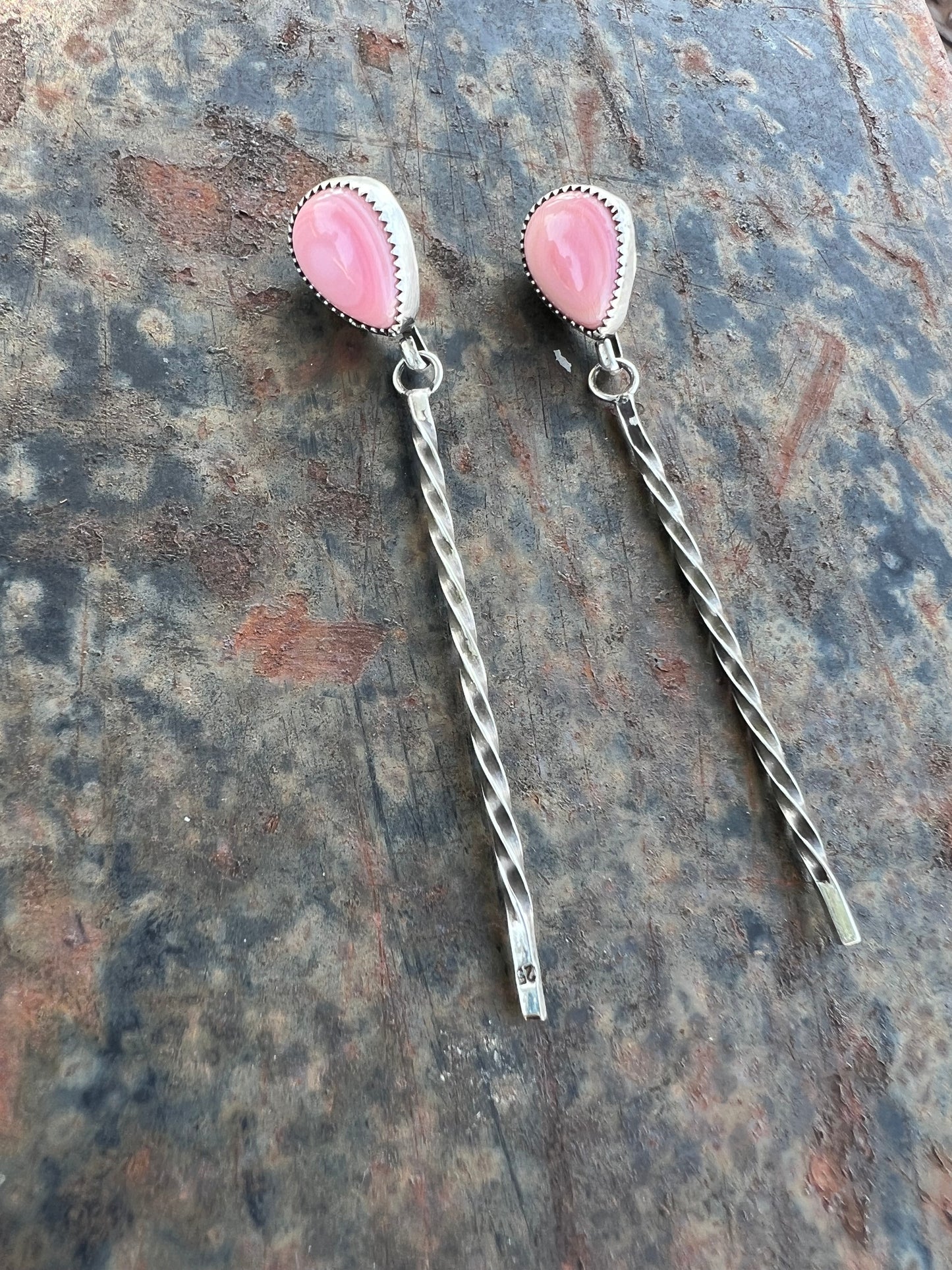 pink conch Drop Earrings — Pink Conch & Twisted Sterling Silver