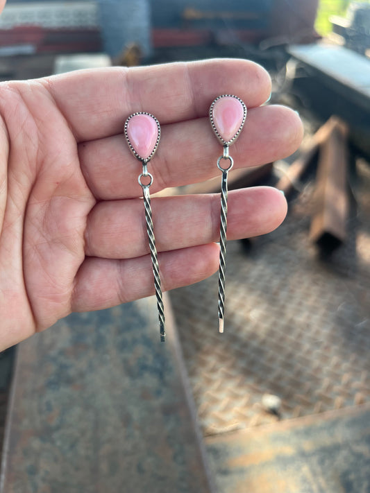 pink conch Drop Earrings — Pink Conch & Twisted Sterling Silver